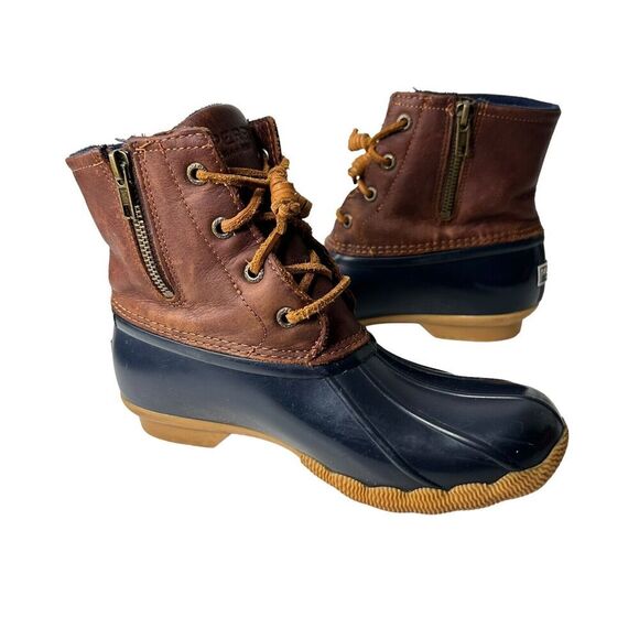 Sperry Top Sider Saltwater Waterproof Duck Boots Size 6 Tan Navy STS91175 Rain - Picture 3 of 9